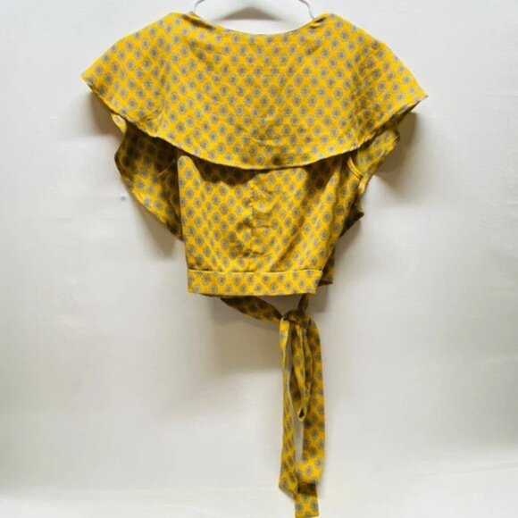 june & hudson Summer Top Women's Small Yellow Floral Open Front Tie Wrap Blouse - Picture 2 of 11